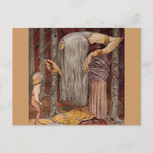 Cartão Postal Troll que oferece um ramo pequeno