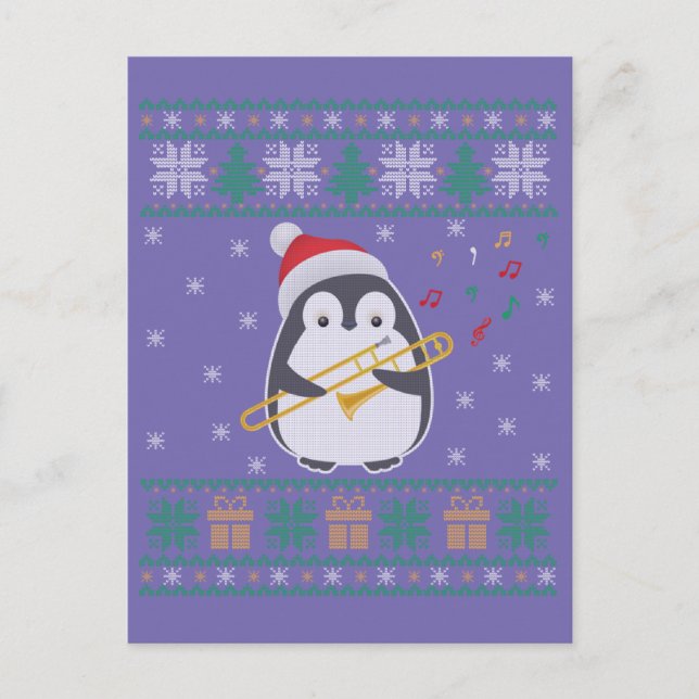 Cartão Postal Trombone Ugly Christmas Sweater Penguin Xmas Famil (Frente)