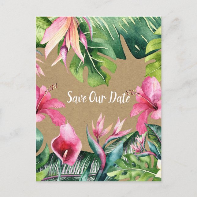 Cartão Postal Tropical Aloha Floral Luau Kraft Salve o Dia (Frente)
