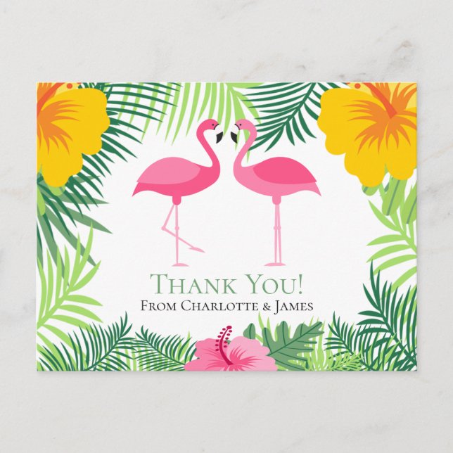 Cartão Postal Tropical Flamingo Rosa, Obrigado Casamento (Frente)
