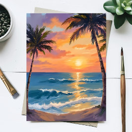 Cartão Postal Tropical Ocean Sunset Palm Tree Watercolor