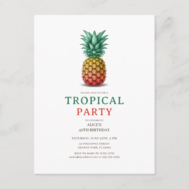 Cartão Postal Tropical Party with retro pineapple Invitation (Frente)
