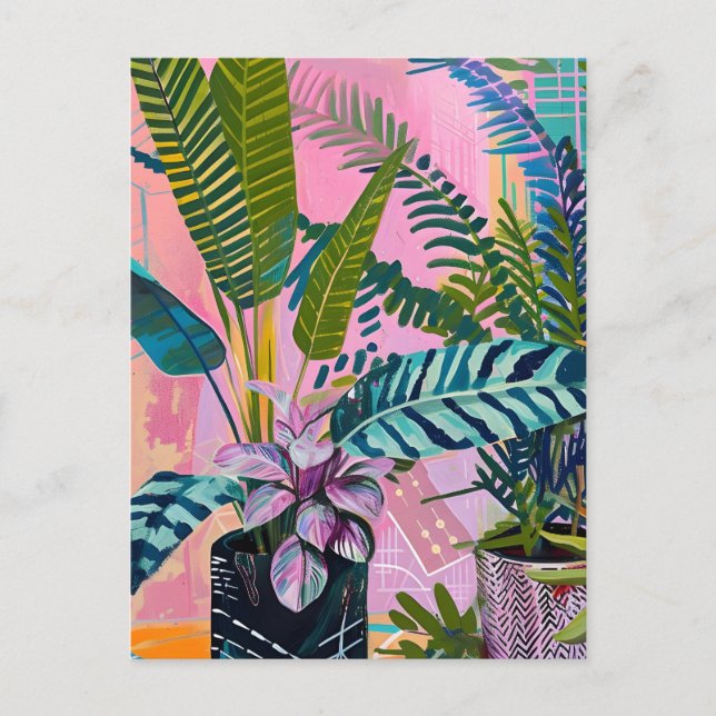 Cartão Postal Tropical pink flamingos set against lush green (Frente)