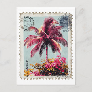 Cartão Postal Tropical Pink Palm Postage Stamp Vintage Beach T‑S