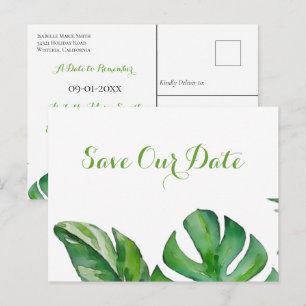 Cartão Postal Tropical Verde Monstera Aquarela Save The Date