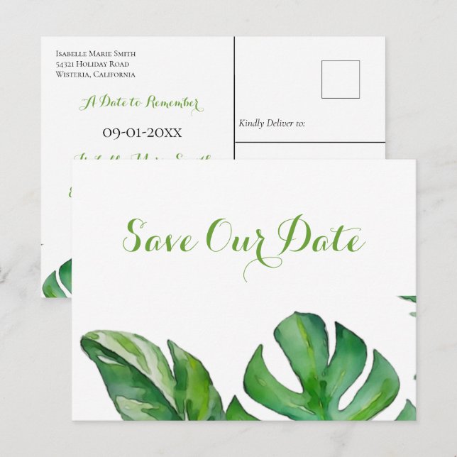 Cartão Postal Tropical Verde Monstera Aquarela Save The Date (Frente/Verso)