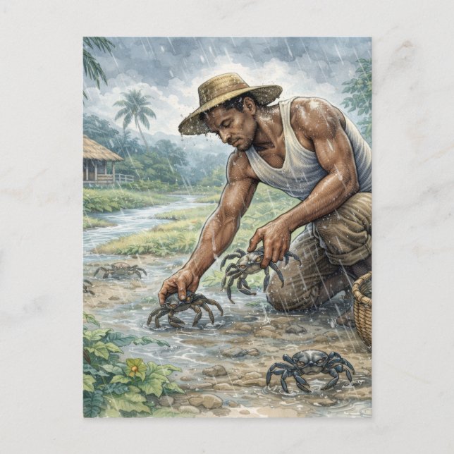 Cartão Postal Tropical Village Life: Man Catching Crabs in Rain (Frente)