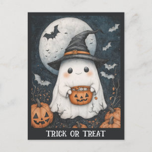 Cartão Postal Truque De Fantasma Ou Pumpkin De Tratar Cute Hallo