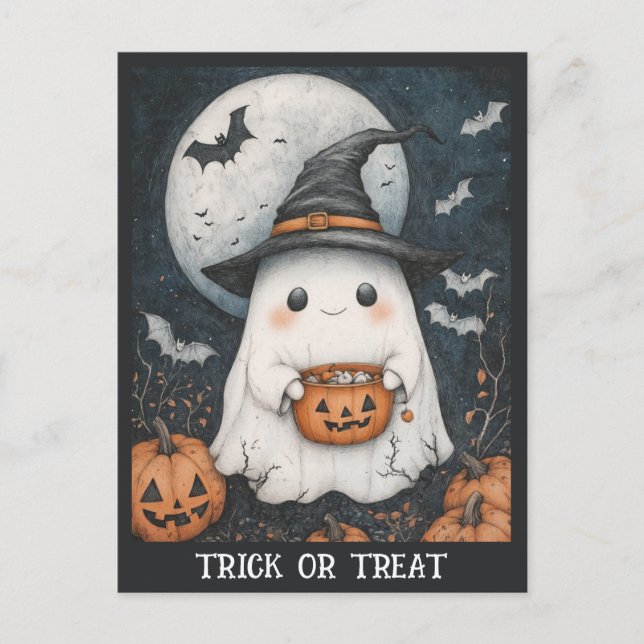 Cartão Postal Truque De Fantasma Ou Pumpkin De Tratar Cute Hallo (Frente)