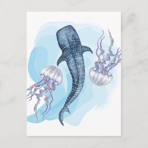 Cartão Postal Tubarão baleia. Aquarela