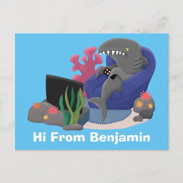 Cartão Postal Tubarão engraçado assistindo desenhos animados na  (Frente)