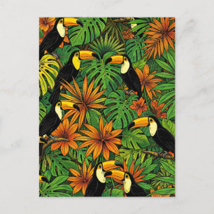 Cartão Postal Tucanos Coloridos Folhas da Selva Tropical Hibisco