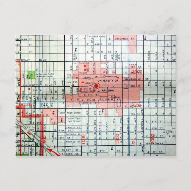 Cartão Postal Tucson, AZ Vintage Map (Frente)