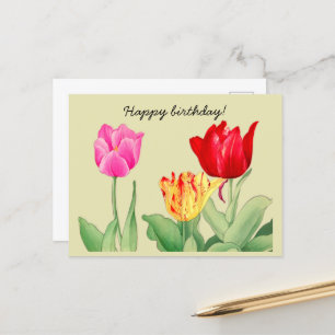 Cartão Postal Tulipa, arte de xilogravura japonesa, Feliz Aniver
