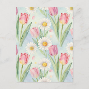 Cartão Postal Tulipa Rosa Margarida Aquarela Padrão Primavera