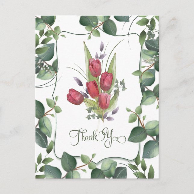 Cartão Postal Tulipa Vermelha Aquarela Pintada à Mão Obrigada (Frente)