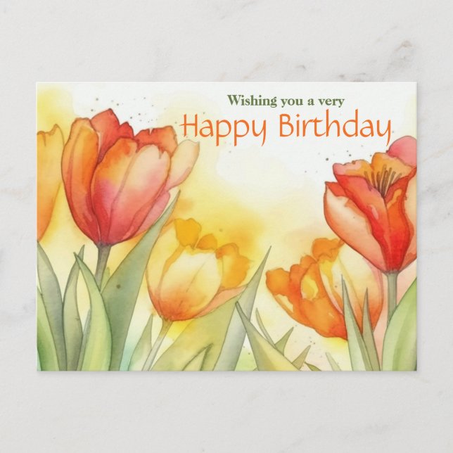 Cartão Postal Tulipa Vibrante em Aquarela Feliz Aniversário  (Frente)