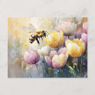 Cartão Postal Tulipas de Pastel e abelha de mel