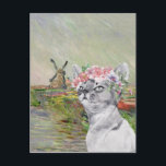 Cartão Postal Tulipas e Gatos Ricos do Carimbo Monet<br><div class="desc">A bela compilação artística apresenta a CHAMP TULIPES EN HOLLANDE,  de Claude Monet,  como pano de fundo com retrato de cinza com camada de coroa floral aquosa.</div>
