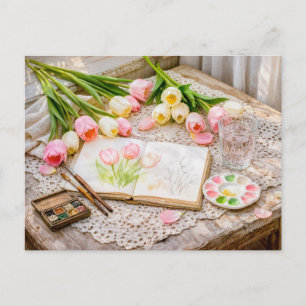 Cartão Postal Tulipas em Aquarela com Pincéis e Vintage Criativo