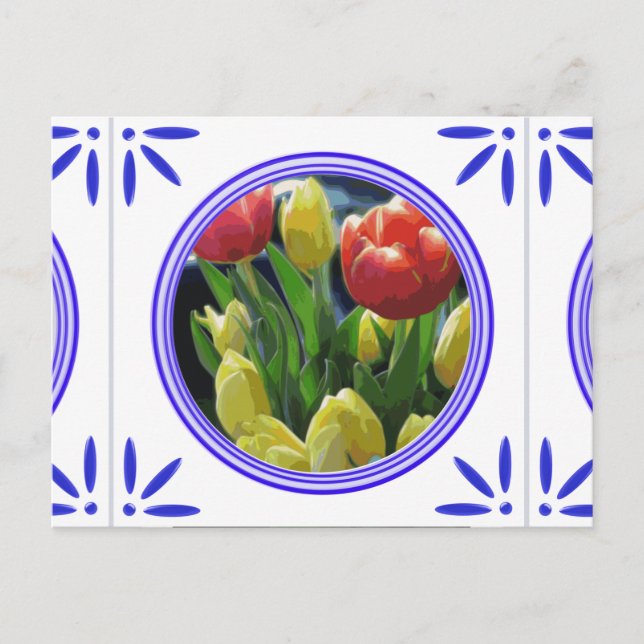 Cartão Postal Tulipas Holandesas Azulejo Azul Delft Tradicional (Frente)