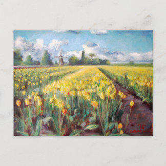 Cartão Postal Tulipas Primavera amarelas - Pintura de campos de