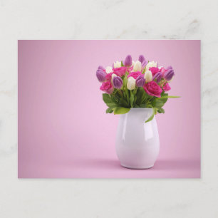 Cartão Postal Tulipas Rosa e Roxo em Vaso Branco