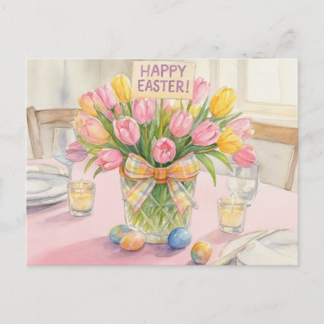 Cartão Postal Tulipas Rosa Feliz Páscoa  (Frente)