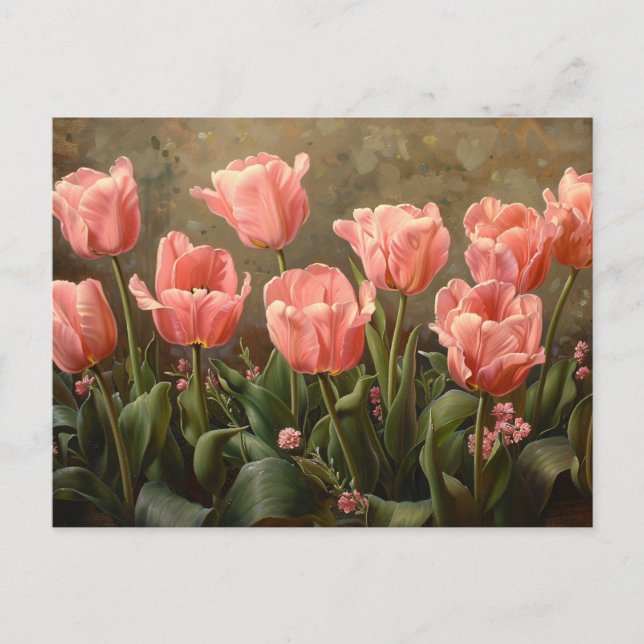 Cartão Postal Tulipas Rosa Lindas Pinturas De Óleo Floral (Frente)