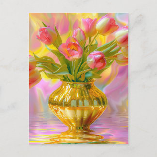 Cartão Postal Tulipas Rosa Vibrantes em Vase Ouro