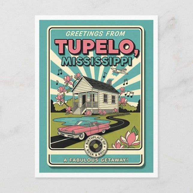 Cartão Postal Tupelo, MS Viagem Retro (Frente)