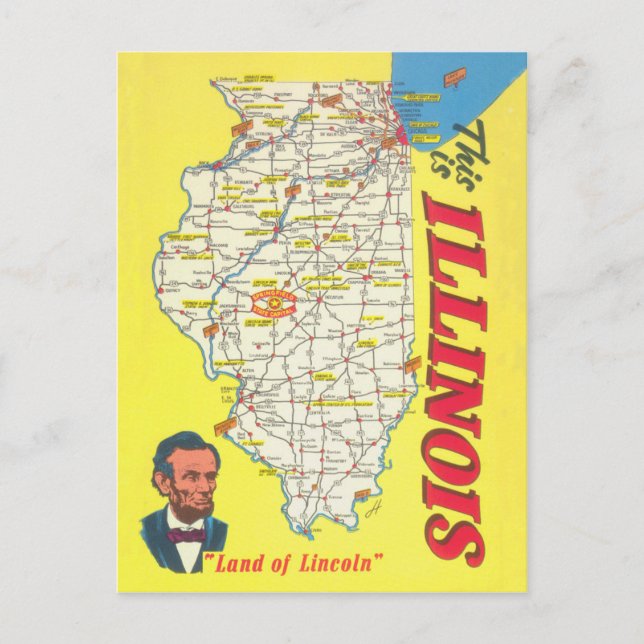 Cartão Postal Turismo de vintagem do mapa Illinois (Frente)