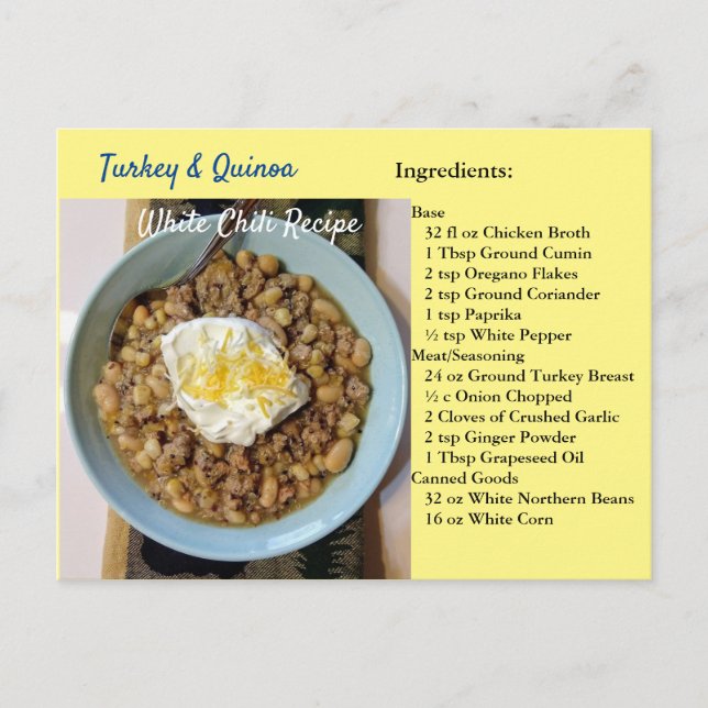 Cartão Postal Turkey Quinoa White Chili Recipe Postcard (Frente)