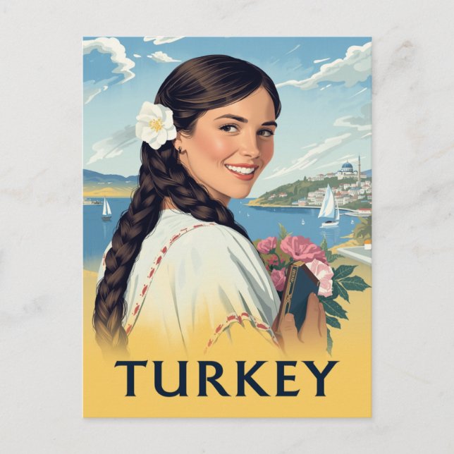 Cartão Postal Turkey Travel Poster Smiling Woman and Coastal (Frente)