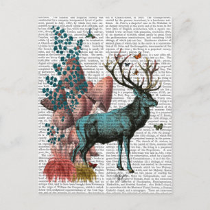 Cartão Postal Turquesa Deer na Floresta Mushroom