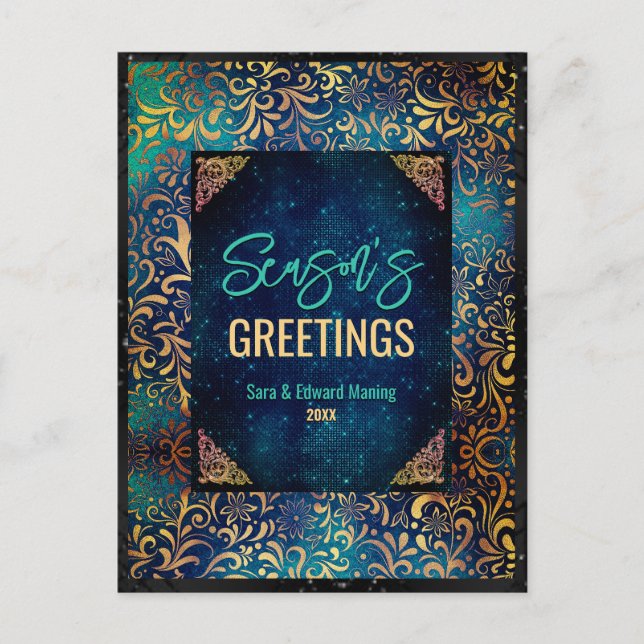 Cartão Postal Turquesa floral com turquesa floral Natal Ano Novo (Frente)