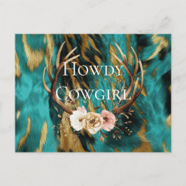 Cartão Postal Turquesa Marrom Dourado Cowhide Deer Antlers Flora