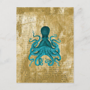 Cartão Postal Turquesa Octopus no Ouro Grunge