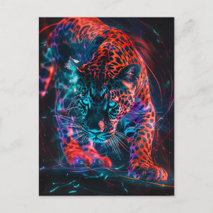 Cartão Postal Turquesa Vermelha Roxa Luz Neon Jaguar