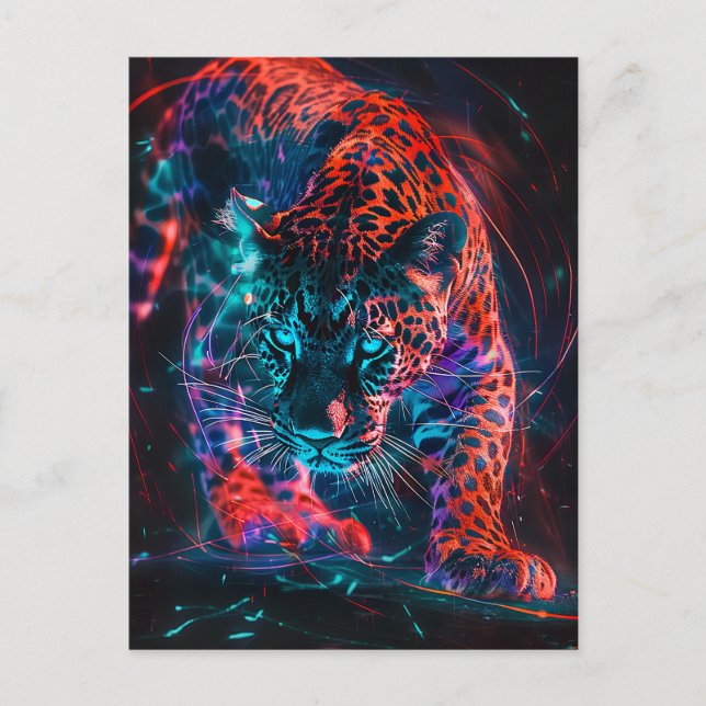 Cartão Postal Turquesa Vermelha Roxa Luz Neon Jaguar (Frente)