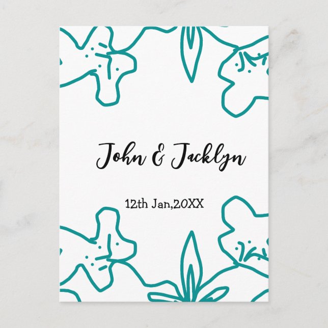 Cartão Postal Turquoise blue wedding couple name date flstylish  (Frente)