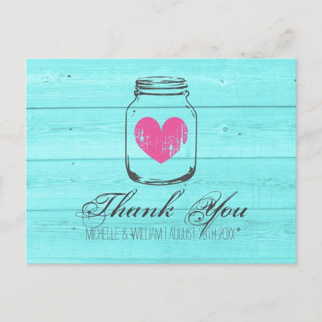 Cartão Postal Turquoise country chic mason jar obrigado cartas (Frente)