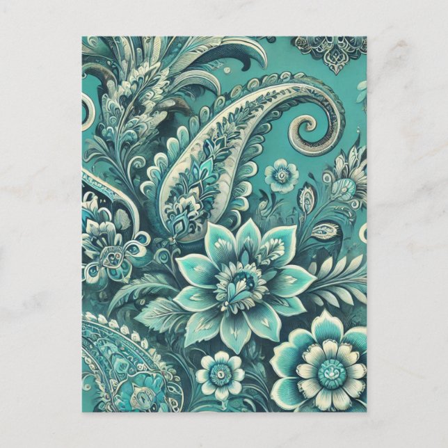 Cartão Postal Turquoise Paisley Floral (Frente)