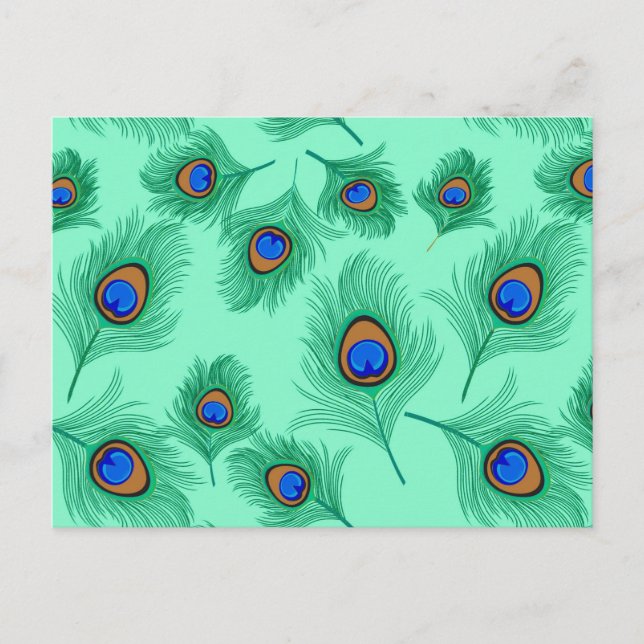 Cartão Postal Turquoise Peacock Feathers on Light Aqua (Frente)