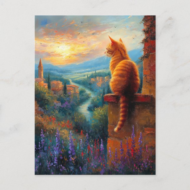 Cartão Postal Tuscan Sunset with a Ginger Cat (Frente)