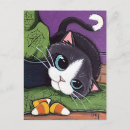 Cartão Postal Tuxedo Cat Bruxa Chapéu e Maçã-doce Halloween