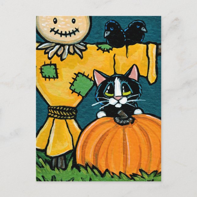 Cartão Postal Tuxedo Cat com ilustração de abóbora e espantalho (Frente)