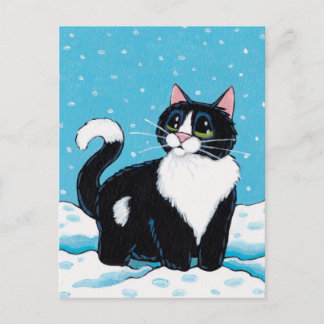 Cartão Postal Tuxedo Cat de pé joelho profundo em pintura de nev