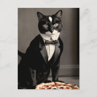 Cartão Postal Tuxedo cat e pizza