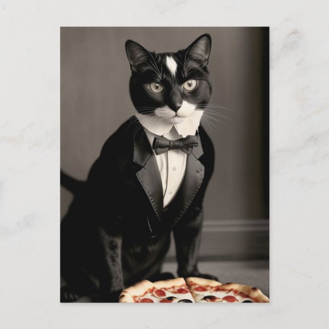 Cartão Postal Tuxedo cat e pizza (Frente)